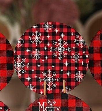 Christmas Placemat|Set of 6 Xmas Supla Table Mat|Buffalo Plaid Xmas Tree Round Dining Underplate|Merry Xmas and Snowflake Print Coaster Set