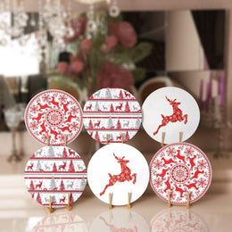 Christmas Placemat|Set of 6 Xmas Supla Table Mat|Red Gray Xmas Tree Round Dining Underplate|Snowflake and Christmas Deer Print Coaster Set