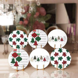 Christmas Placemat|Set of 6 Xmas Supla Table Mat|Red Green Checkered Xmas Bell Round Dining Underplate|Checkered Pine Tree and Leaf Coasters