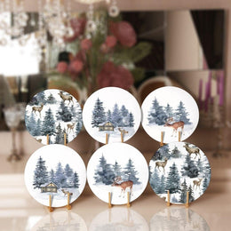 Winter Trend Placemat|Set of 6 Xmas Supla Table Mat|Snow, Pine Tree and Deer Print Round Dining Underplate|House under Snow Winter Coasters
