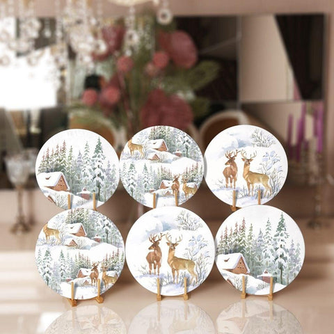 Winter Trend Placemat|Set of 6 Xmas Supla Table Mat|Snow, Deer and Pine Tree Print Round Dining Underplate|Snow House Winter Coaster Set