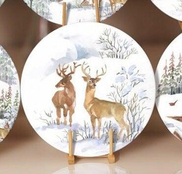 Winter Trend Placemat|Set of 6 Xmas Supla Table Mat|Snow, Deer and Pine Tree Print Round Dining Underplate|Snow House Winter Coaster Set