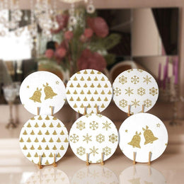 Christmas Placemat|Set of 6 Xmas Supla Table Mat|Gold White Xmas Bell and Snowflake Round Dining Underplate|Pine Tree Print Winter Coasters