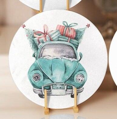 Christmas Placemat|Set of 4 Xmas Supla Table Mat|Xmas Tree Carrying Red Car Round Dining Underplate|Green Van and Xmas Tree Print Coasters