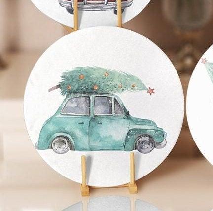 Christmas Placemat|Set of 4 Xmas Supla Table Mat|Xmas Tree Carrying Red, Green Car Round Dining Underplate|Green Van and Xmas Tree Coasters