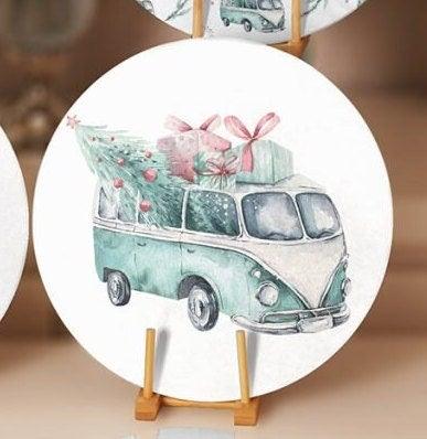 Christmas Placemat|Set of 4 Xmas Supla Table Mat|Xmas Tree Carrying Red, Green Car Round Dining Underplate|Green Van and Xmas Tree Coasters
