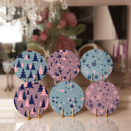 Winter Trend Placemat|Set of 6 Xmas Supla Table Mat|Pine Tree Round Dining Underplate|Snowflake on Rose Gold and Turquoise Color Coaster Set