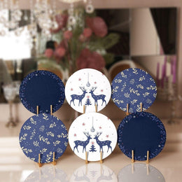 Christmas Placemat|Set of 6 Xmas Supla Table Mat|Blue White Xmas Deer Round Dining Underplate|Gold Color Leaves Print Winter Trend Coasters