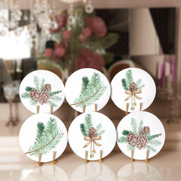Winter Trend Placemat|Set of 6 Xmas Supla Table Mat|Pine Tree Branches Round Dining Underplate|Pine Cone with Ribbon Print Winter Coasters