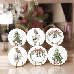 Winter Trend Placemat|Set of 6 Xmas Supla Table Mat|Decorated Xmas Tree Round Dining Underplate|Xmas Bell and Bird Print Winter Coaster Set