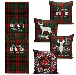 Set of 4 Christmas Pillow Covers and 1 Table Runner|Winter Trend Checkered Merry Christmas Home Decor|Red Green Plaid Xmas Runner, Cushion