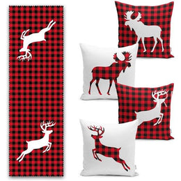 Set of 4 Christmas Pillow Covers and 1 Table Runner|Winter Trend Buffalo Check Christmas Deer Home Decor|Plaid Xmas Runner and Cushion Case