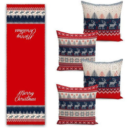 Set of 4 Christmas Pillow Covers and 1 Table Runner|Winter Trend Merry Christmas Home Decor|Red White Blue Xmas Deer Tree Runner and Cushion