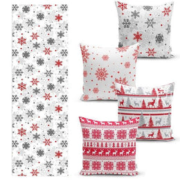 Set of 4 Christmas Pillow Covers and 1 Table Runner|Red White Gray Snowflake and Xmas Deer/Tree Decor|Winter Trend Runner and Striped Pillow
