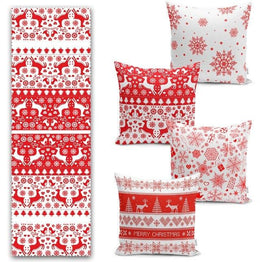 Set of 4 Christmas Pillow Covers and 1 Table Runner|Red White Xmas Deer and Xmas Tree Home Decor|Merry Christmas Runner and Cushion Case