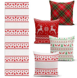 Set of 4 Christmas Pillow Covers and 1 Table Runner|Red Xmas Deer, Green Xmas Tree Home Decor|Red Snowflake Tablecloth|Plaid Cushion Cover