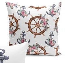 Set of 4 Nautical Pillow Covers and 1 Table Runner|Floral Wheel and Navy Anchor Print Cushion Case and Table Runner|Marine Throw Pillow Top