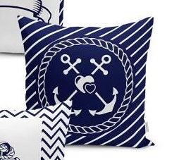 Set of 4 Nautical Pillow Covers and 1 Table Runner|Wheel Print Runner|Blue and White Navy Anchor Cushion and Runner|Marine Throw Pillow Set