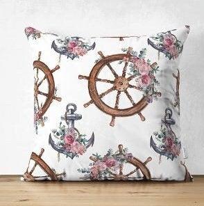 Set of 4 Nautical Pillow Covers|Decorative Navy Anchor Decor|Floral Wheel Print Pillow Top|Outdoor Beach House Decor|Coastal Throw Pillow