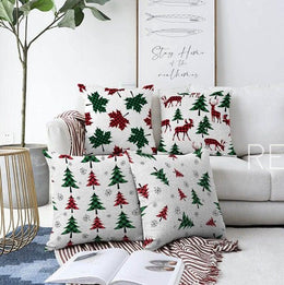 Set of 4 Christmas Pillow Covers|Red Green Checkered Deer and Pine Tree Pillow|Winter Trend Checkered Leaves Cushion|Xmas Throw Pillow Case