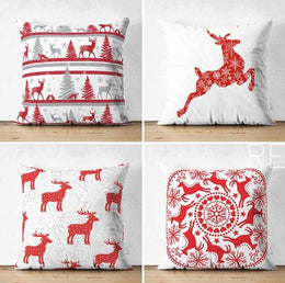 Set of 4 Christmas Pillow Covers|Red Xmas Deer and Snowflake Print Pillow Cover|Red White Xmas Pillow Top|Winter Trend Gray Pine Tree Pillow