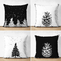Set of 4 Winter Trend Pillow Covers|Black White Pine Tree and Pine Cone Home Decor|Decorative Xmas Throw Pillow Top|Christmas Cushion Cover