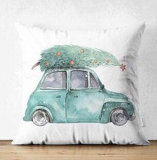 Set of 4 Christmas Pillow Covers|Red Gree White Xmas Pillow Case|Van with Decorated Xmas Tree Cushion Case|Car with Xmas Tree Cushion Cover