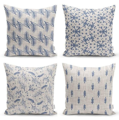 Set of 4 Winter Trend Pillow Covers|Xmas Pine Tree Needles and Snowflake Home Decor|Snowflake Pillow Top|Gray Beige Winter Throw Pillow Top