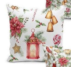 Set of 4 Christmas Pillow Covers and 1 Table Runner|Red Poinsettia, Cardinal Bird Home Decor|Lantern, Bell, Pine Cone Pillow and Runner Set