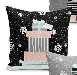 Set of 4 Christmas Pillow Covers and 1 Table Runner|Snowflake, Xmas Gift Box Print Home Decor|Black Gray Tablecloth and Cushion Cover Set