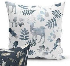 Set of 4 Winter Pillow Covers and 1 Table Runner|Gray Christmas Deer, Leaves Home Decor|Tree Branch and Bird Print Cushion Cover and Runner