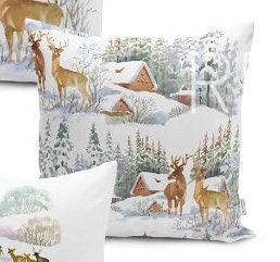 Set of 4 Winter Pillow Covers and 1 Table Runner|Pine Tree and Deer Family Print Home Decor|Snow and House Tablecloth and Cushion Cover Set