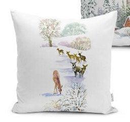 Set of 4 Winter Pillow Covers and 1 Table Runner|Pine Tree and Deer Family Print Home Decor|Snow and House Tablecloth and Cushion Cover Set