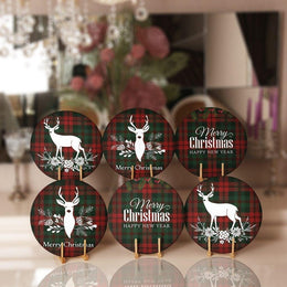 Christmas Placemat|Set of 6 Xmas Supla Table Mat|Buffalo Plaid Xmas Deer Round Dining Underplate|Merry Xmas and Happy New Year Coaster Set