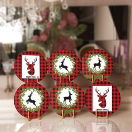 Christmas Placemat|Set of 6 Xmas Supla Table Mat|Buffalo Plaid Xmas Deer Round Dining Underplate|Merry Xmas and Green Leaves Coaster Set