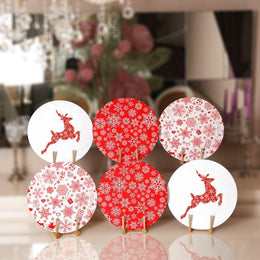Christmas Placemat|Set of 6 Xmas Supla Table Mat|Red White Xmas Deer Round Dining Underplate|Snowflake and Christmas Gift Boxes Coaster Set