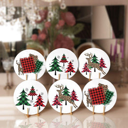 Christmas Placemat|Set of 6 Xmas Supla Table Mat|Red Green Checkered Xmas Tree Round Dining Underplate|Cheetah Patterned Xmas Deer Coasters