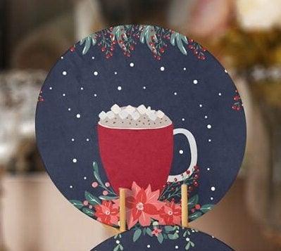 Christmas Placemat|Set of 4 Xmas Supla Table Mat|Happy New Year Round Dining Underplate|Coffee Cup, Red Berry, House, Lantern Print Coasters