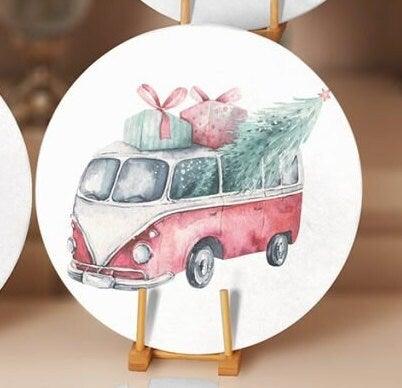 Christmas Placemat|Set of 4 Xmas Supla Table Mat|Xmas Tree Carrying Red Car Round Dining Underplate|Green Van and Xmas Tree Print Coasters