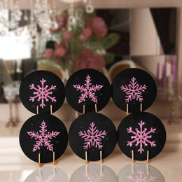 Winter Trend Placemat|Set of 6 Xmas Supla Table Mat|Snowflake Print Round Dining Underplate|Black Purple Geometric Snowflake Winter Coasters