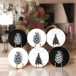 Christmas Placemat|Set of 6 Xmas Supla Table Mat|Black White Pine Tree Round Dining Underplate|Black White Pine Cone Print Winter Coasters