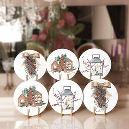 Winter Trend Placemat|Set of 6 Xmas Supla Table Mat|Pine Cone with Ribbon Round Dining Underplate|Candle and Wood Pine Tree Winter Coaster