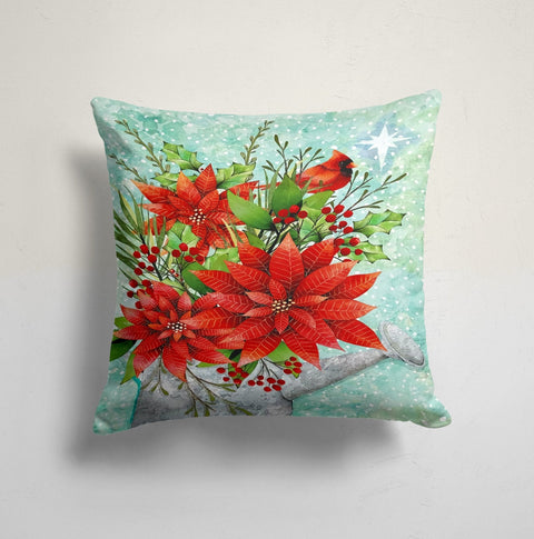 Winter Trend Pillow Cover|Floral Xmas Cardinal Bird Cushion Case|Red Poinsettia Christmas Pillow Top|Decorative Xmas Throw Pillow Cover