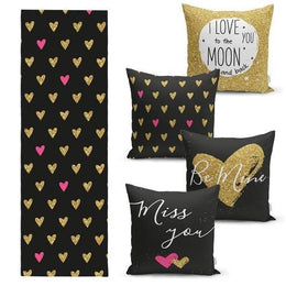 Set of 4 Valentine's Day Pillow Covers and 1 Table Runner|Be Mine and I Love You To The Moon and Back Decor|Heart Tablecloth and Cushion Set