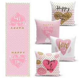 Set of 4 Valentine's Day Pillow Covers and 1 Table Runner|Happy Valentine's Day Pinky Pillow|You and Me Print Tablecloth and Cushion Cover