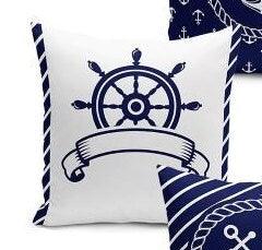 Set of 4 Nautical Pillow Covers and 1 Table Runner|Wheel Print Runner|Blue and White Navy Anchor Cushion and Runner|Marine Throw Pillow Set