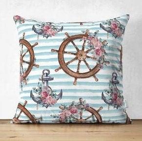 Set of 4 Nautical Pillow Covers|Navy Anchor and Flower Decor|Decorative Wheel Print Pillow|Coastal Throw Pillow|Outdoor Beach House Decor