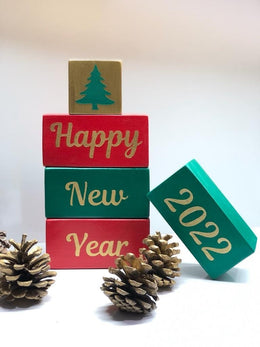 Set of 5 Custom Wooden Christmas Blocks|Hand Painted Happy New Year Blocks|Merry Christmas Sign|New Year's Eve Decor Gift|Xmas Shelf Sitter