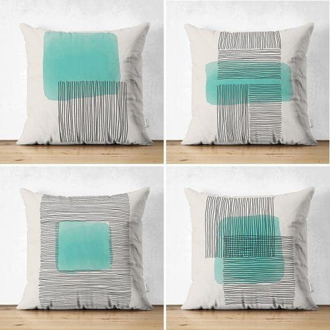 Set of 4 Abstract Pillow Covers|Turquoise and Gray Pillow Cover|Geometric Pillow Case|Outdoor Cushion Cover|Decorative Throw Pillow Case Set