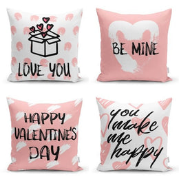 Set of 4 Valentine's Day Pillow Covers|Heart Cushion Case|You Make Me Happy Decor|Be Mine Throw Pillow|Love You Print Romantic Home Decor